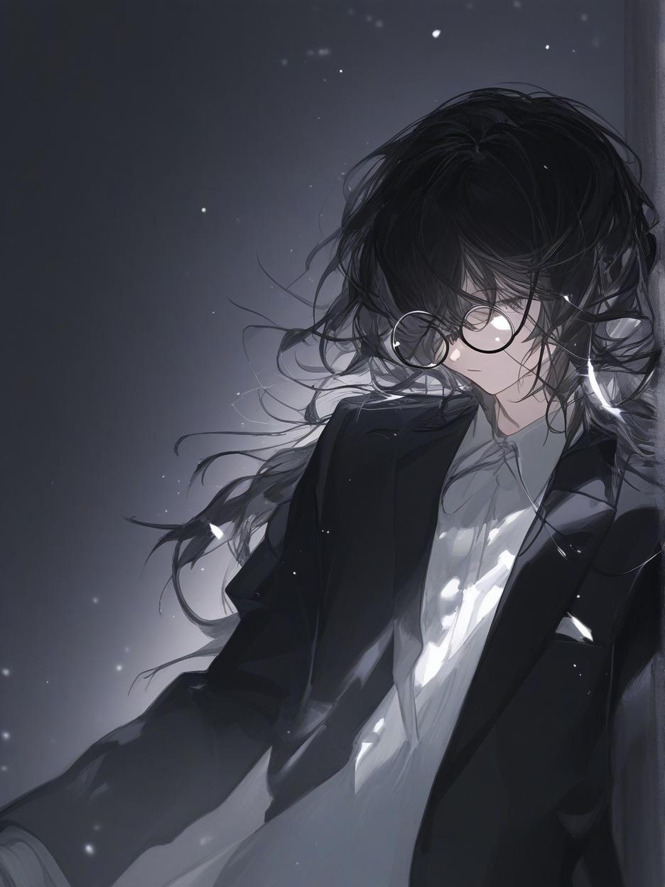  creates for me an image of a man, he has messy black medium hair, with two strands of hair parted in the middle, one of the strands white. circular glasses, all in shadows and black, black background and white lights, wearing a suit and dress clothes . best quality, high resolution