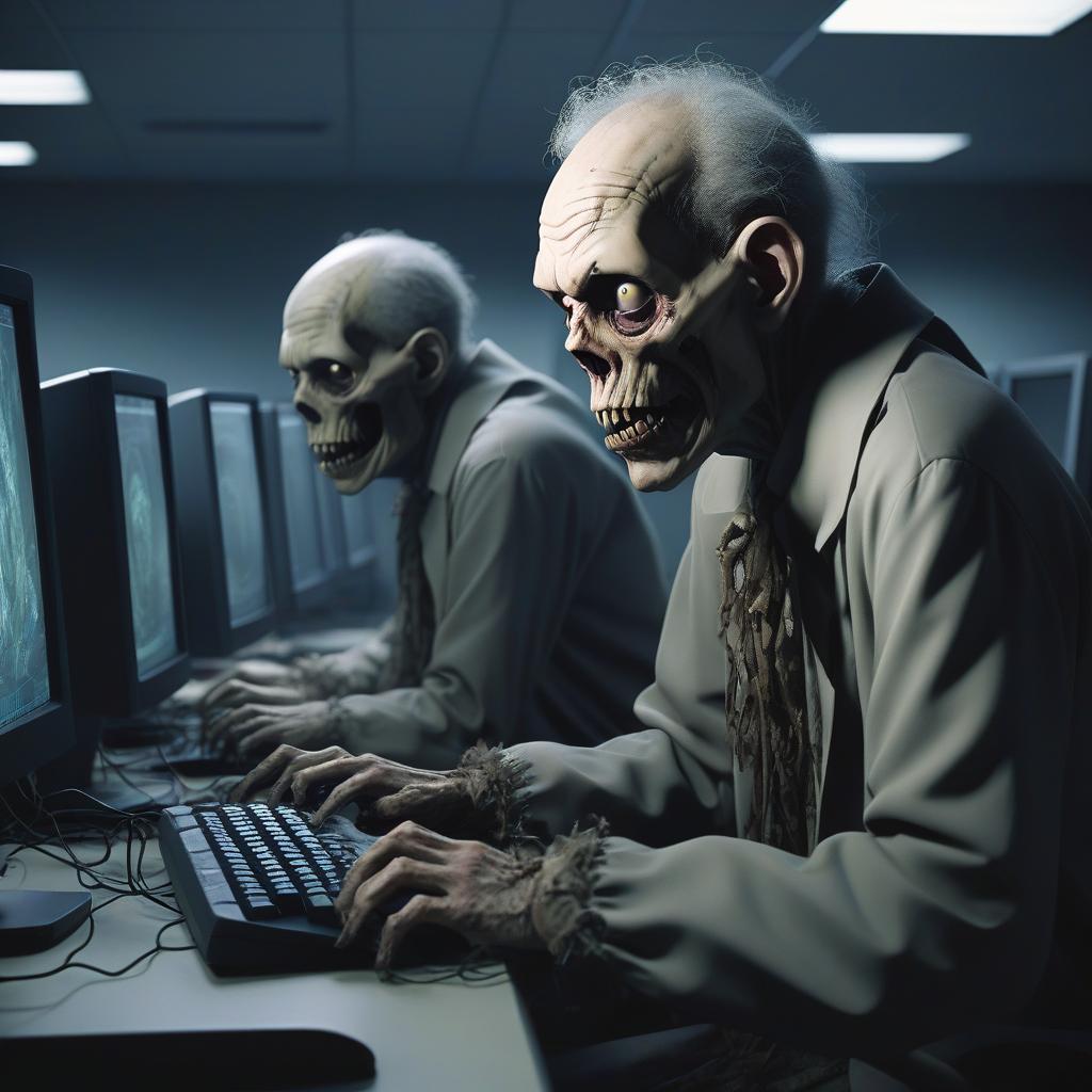  horror themed old s are light skinned, sad, , snotty, working on computers in a large cold computer clroom . eerie, unsettling, dark, spooky, suspenseful, grim, highly detailed