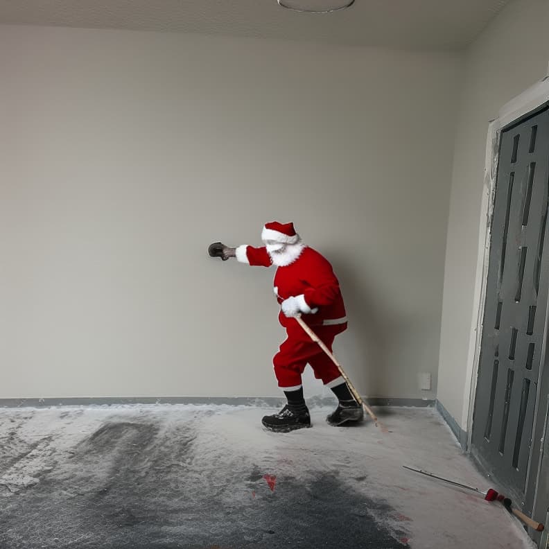  a man with a white beard mid to late 40s wearing a full red santa suit with white cuffs, black boots painting a long wall with a paint roller and an extension pole .