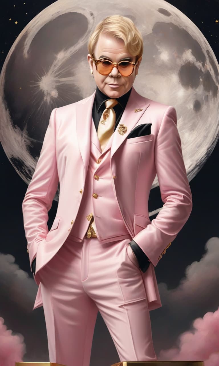  concept art pink, gold, black, white elton john . digital artwork, illustrative, painterly, matte painting, highly detailed, perfect hands