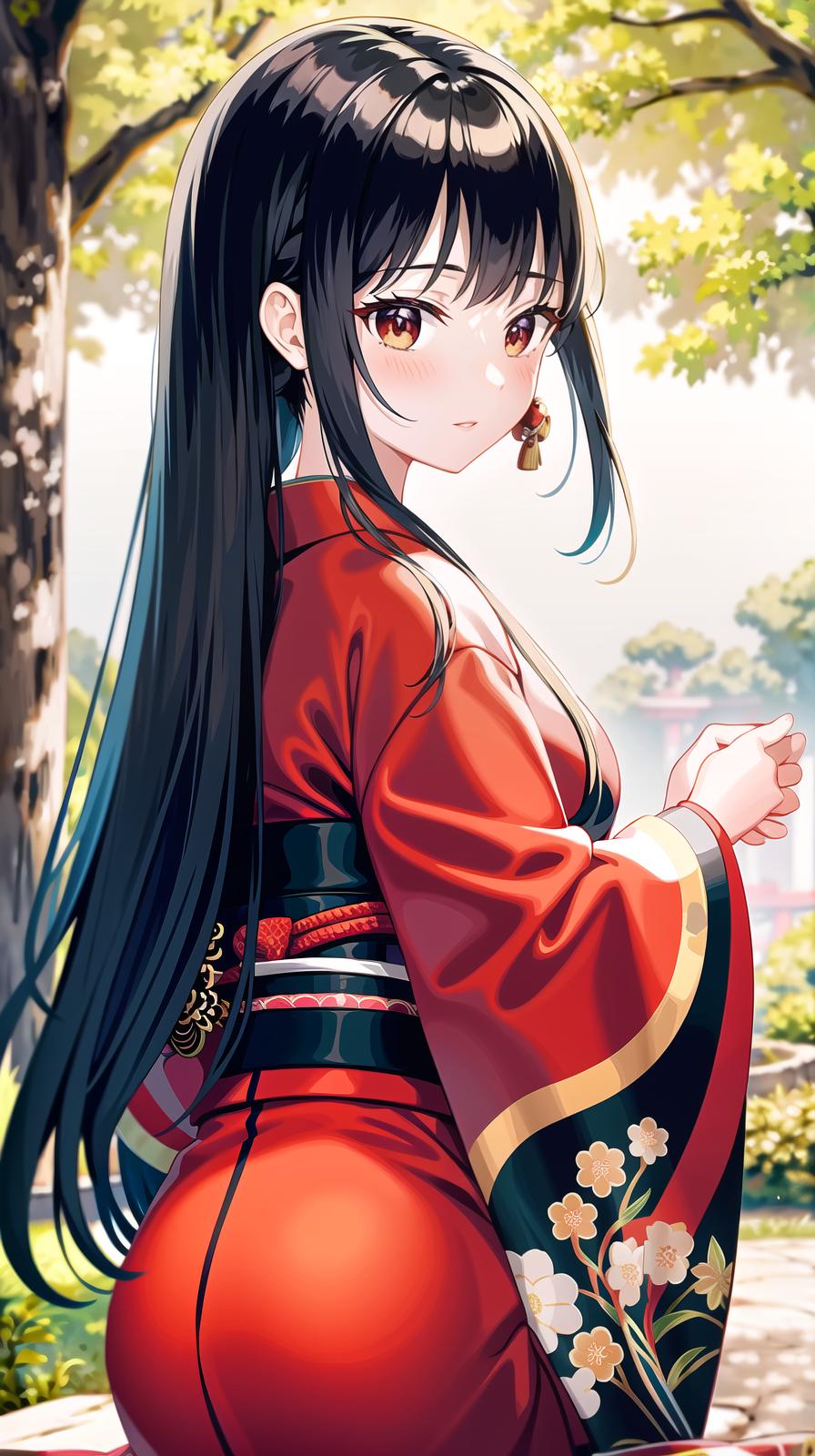  master piece , best quality,she has black hair with red mesh and wears kimono. he usually wears a white or light yellow kimono and a dark blue or purple hakama. the kimono is decorated with plants, trees, and animals of the four seasons, symbolizing the five elements.