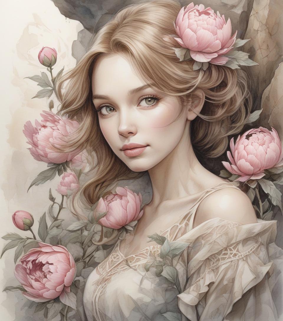  three dimensional watercolor, delicate tones, dynamic photo, pencil sketch, ink, retouch, style jean baptiste monge, complex composition, intricately, shine, filigree, openwork, volume, sea, rock, in the rock face of a woman, cinematically, peonies watercolor painting realistic, russian beauty, country image, eyes with eyeliner effect, long eyelashes, sweet smile, plump lips, style,full height, soft lighting, detailed drawing random angle professional