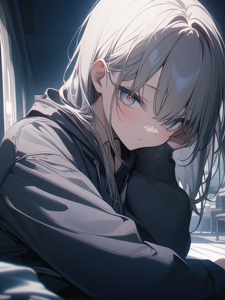  cute, subculture, gray hair, moe sleeve, odd eye, hoodie, light blue, angel, genius, masterpiece, best quality,8k,ultra detailed,high resolution,an extremely delicate and beautiful,hyper detail