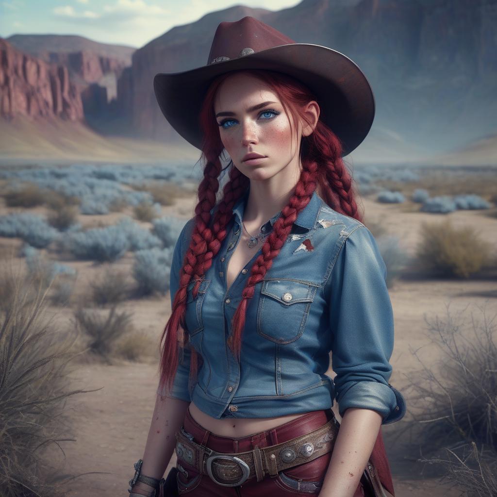  grunge style hd 4k 3d professional modeling photo hyper realistic beautiful enchanting cowgirl woman dark red hair braids fair skin freckles blue eyes gorgeous face cowgirl outfit magical western country landscape hd background ethereal mystical mysterious beauty full body . textured, distressed, vintage, edgy, punk rock vibe, dirty, noisy