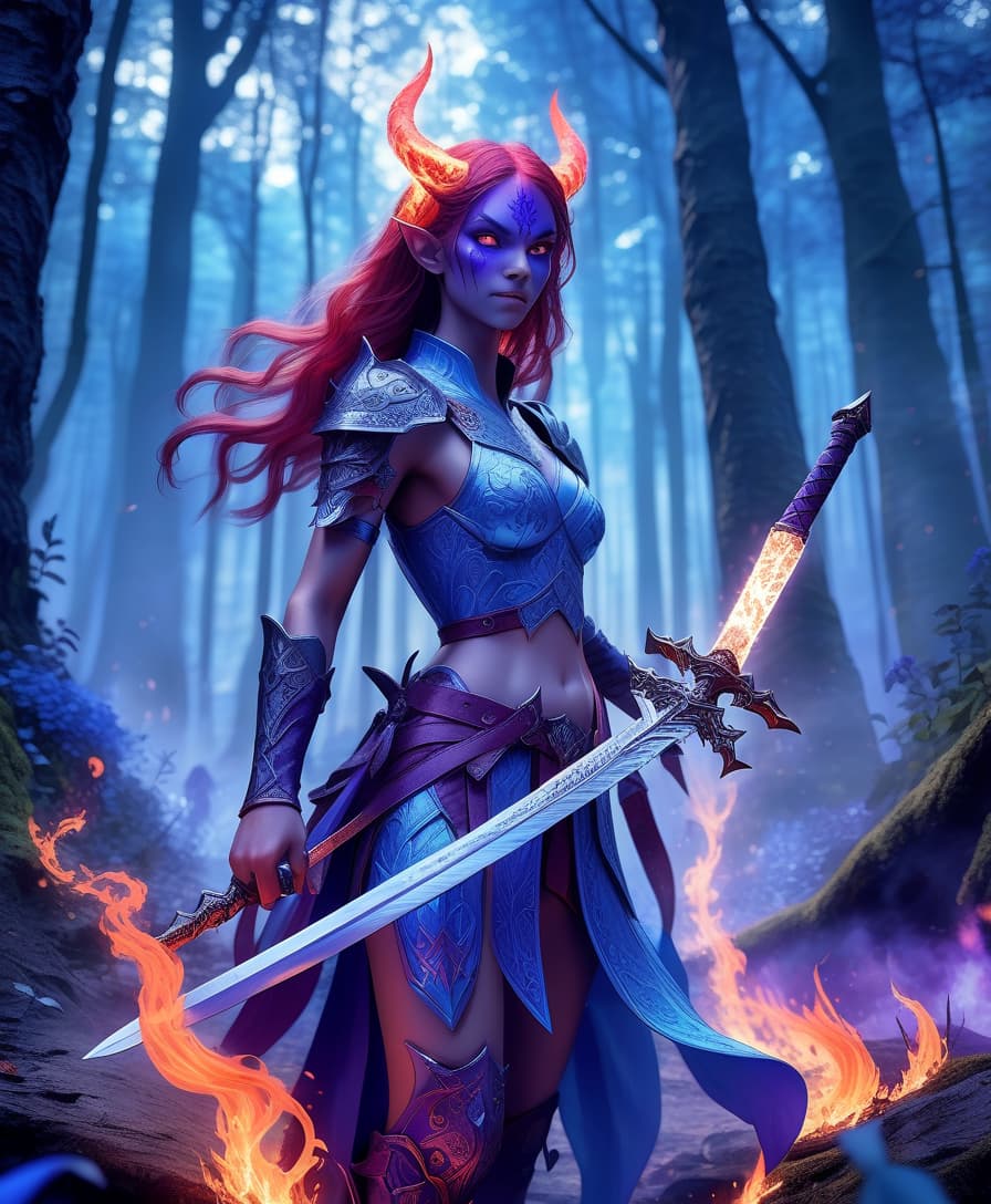  role playing game (rpg) style fantasy a fiery girl demon with a sword in his hand, in the background a mysterious forest, purple blue blue white colors . detailed, vibrant, immersive, reminiscent of high fantasy rpg games