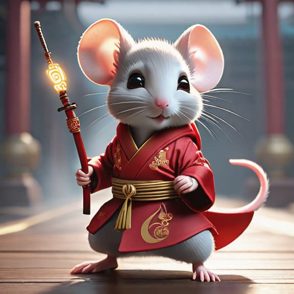  Cute baby anthropomorphized mouse, wearing red Hanfu clothing, wielding a weapon with Chinese kung fu pose, Chinese culture, super clear details, super clear materials, close-up, complex textures, octane rendering, ZBrush, Substance Painter. Artstation --ar 9:16 --test --creative --upbeta --upbeta --upbeta --upbeta hyperrealistic, full body, detailed clothing, highly detailed, cinematic lighting, stunningly beautiful, intricate, sharp focus, f/1. 8, 85mm, (centered image composition), (professionally color graded), ((bright soft diffused light)), volumetric fog, trending on instagram, trending on tumblr, HDR 4K, 8K