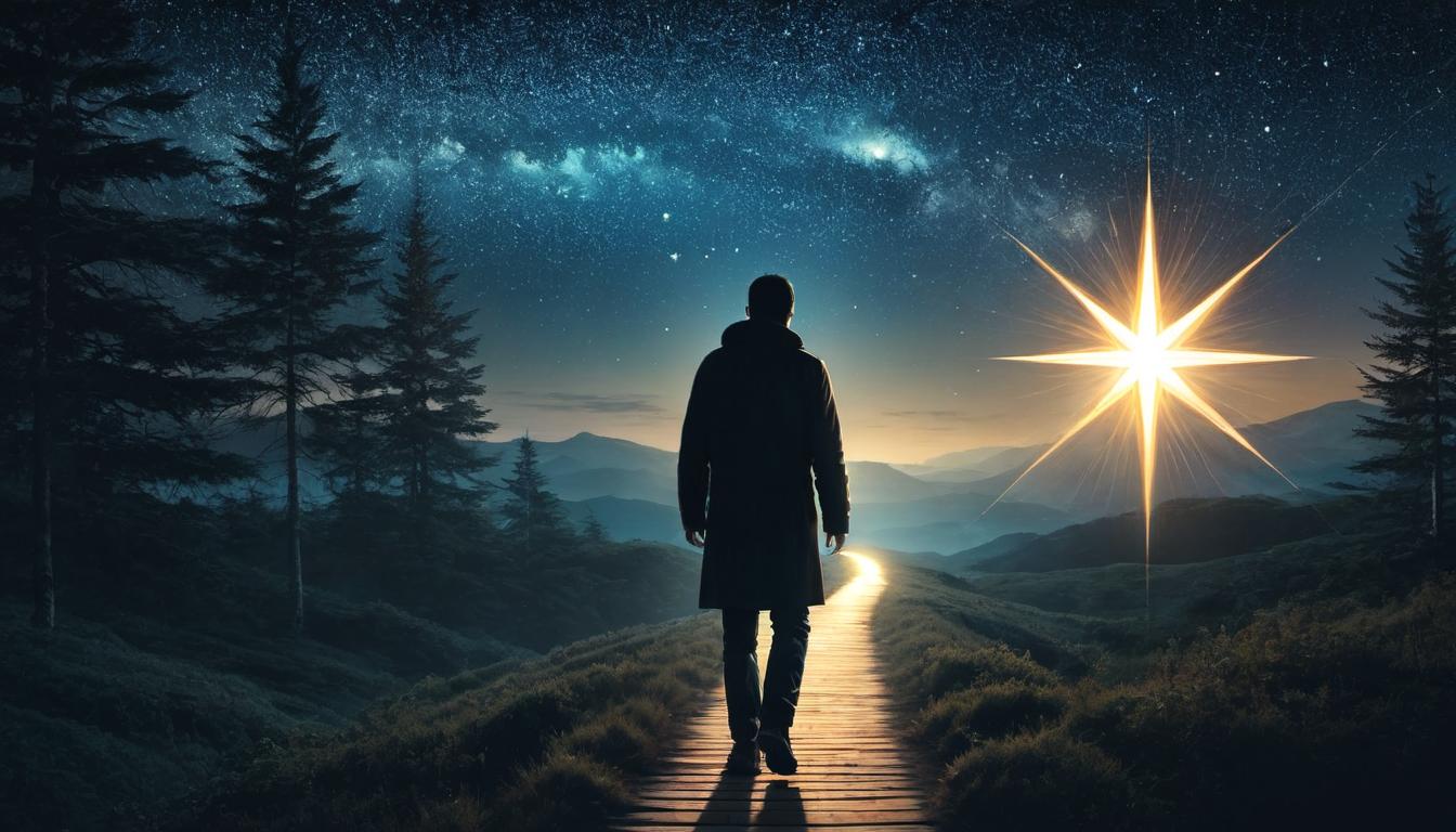  （surrealism)a figure holding a shining star, walking confidently, star trails behind illuminating the path, background muted and dark, emphasis on originality and uniqueness mystic, intricate details, best quality)