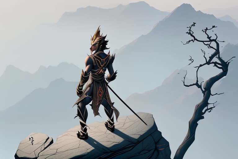  Draw black myth wukong back view standing on a mountain peak