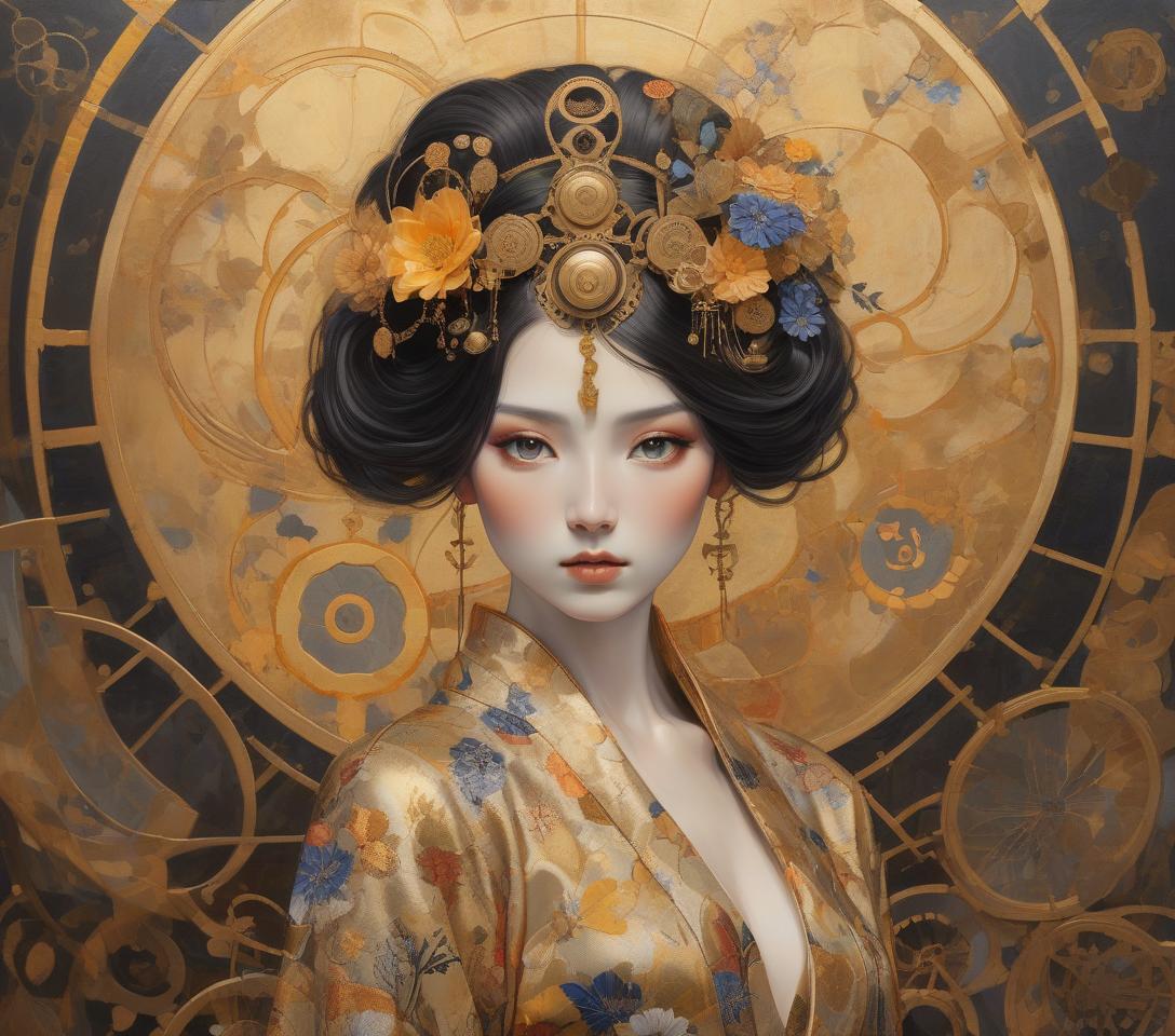  a mystical artwork with a female figure adorned with floral headpiece and golden attire, exuding an ethereal, otherworldly charm. imagine an intricately detailed image of a steampunk geisha, her vivid eyes with a dreaming look sparkle beneath long lashes. she is dressed in a gossamer silk kimono, embodying high contrast and decorative designs reminiscent of the art deco era. the portrait seamlessly integrates a mixed media collage approach for added dimension and texture. it pays homage to the flat, decorative patterns and vivid, unnatural colors championed by the symbolist movement (gustav klimt) and pre raphaelite (botticelli) artists, rendered with the depth and richness of oil painting. elements of kintsugi, using gold and oxidized cop