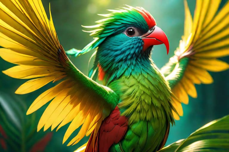  a quetzal flying hyperrealistic, full body, detailed clothing, highly detailed, cinematic lighting, stunningly beautiful, intricate, sharp focus, f/1. 8, 85mm, (centered image composition), (professionally color graded), ((bright soft diffused light)), volumetric fog, trending on instagram, trending on tumblr, HDR 4K, 8K