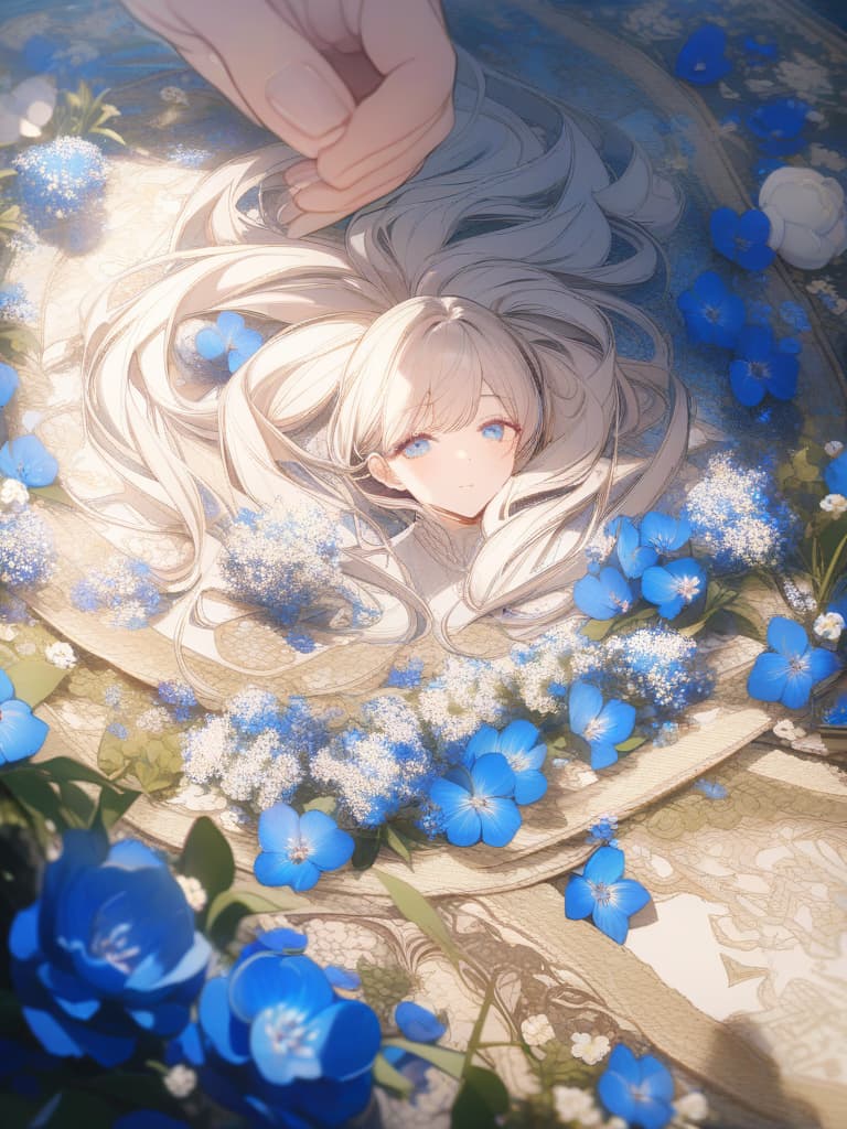  clothes, blue eyes, blue flowers, flowers, girls, cool, blue flowers carpets, fantastic, beautiful, masterpiece, best quality,8k,ultra detailed,high resolution,an extremely delicate and beautiful,hyper detail