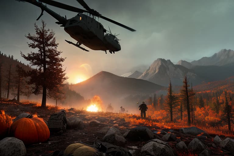  based on the game dayz, mountainous terrain, autumn, in a distant mountain, in the foreground of zombies, the picture is bright, the apocalypse, elements from the game dayz, a military helicopter, smoke from a helicopter, it burns