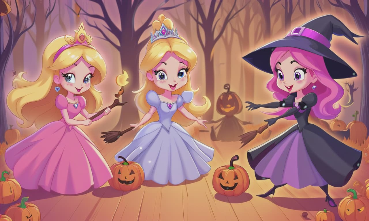  cartoon princesses playing with witches