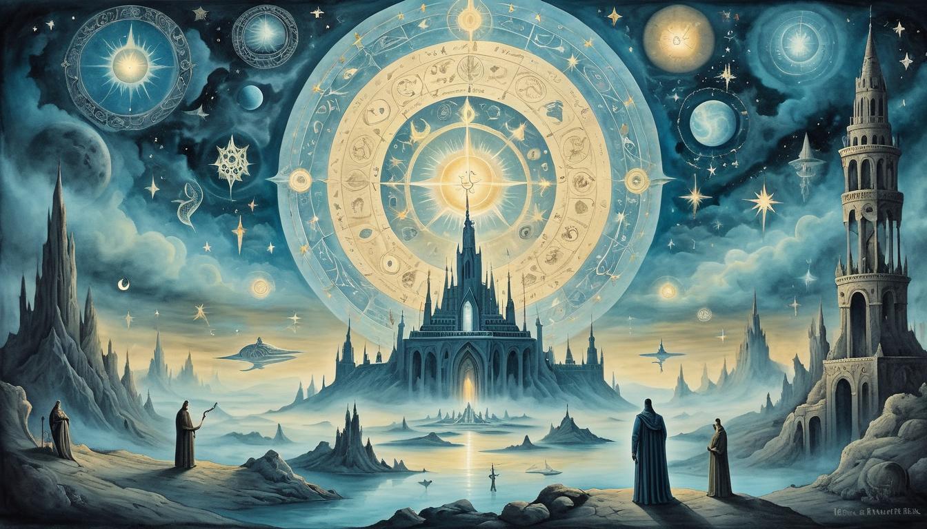  on parchment, surrealism+++, majestic scene, glowing figure surrounded by celestial symbols, otherworldly, mystical environment, ethereal lights(mysterious, provocative, symbolic,muted color)+++