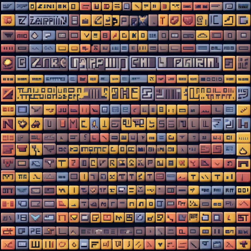  pixel art a huge number of inscriptions in the zarapin font . low res, blocky, pixel art style, 8 bit graphics