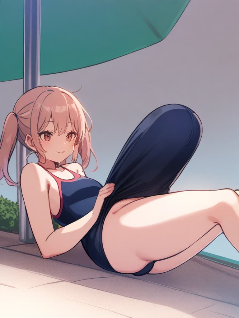  women's elementary students (with male), twin tails, cute smiles, rich s, short stature, dark blue swimwear, old swimwear, swimwear, simple, (swelling), upward, (bulge), front, whole body, pool side,