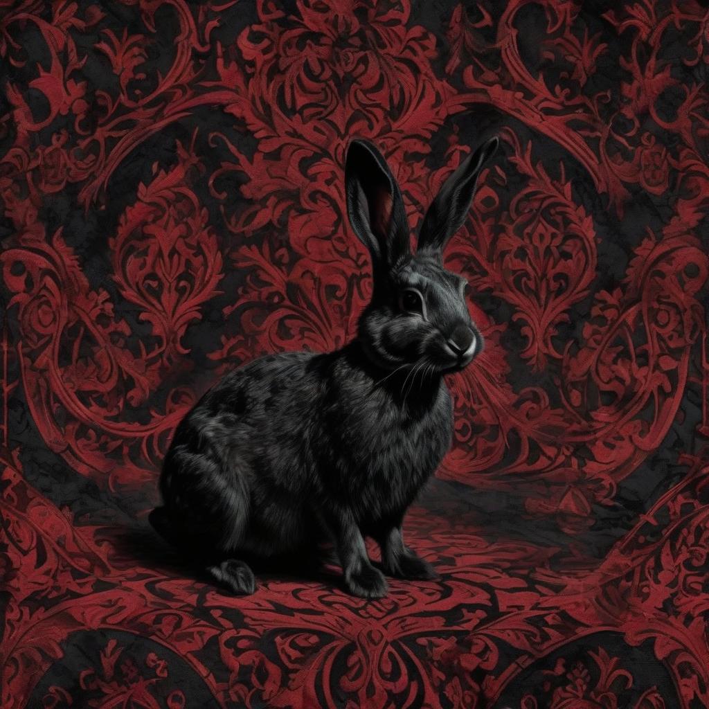  gothic style patterned red black carpet cover rabbits . dark, mysterious, haunting, dramatic, ornate, detailed