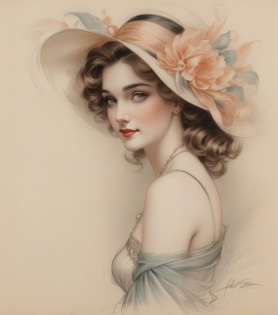  portrait of a beautiful woman, harrison fisher, colored pencil art, black pencil on antique paper, intricate detail.