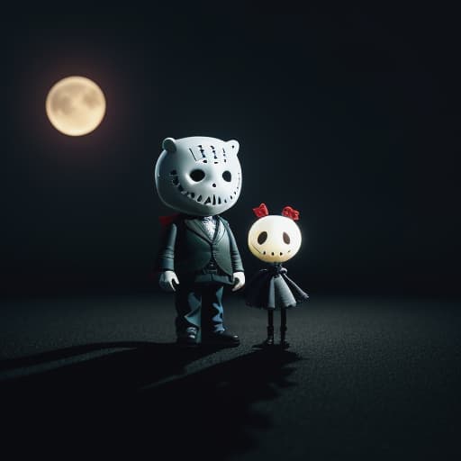   sized Jason Voorhees figure holding a doll who is also dressed like Jason Voorhees , ultra detailed, hyper focus, high res, unreal engine, masterpiece, horror theme, background s crib, full body, The Nightmare Before Valentines Day, Jack Skellington and Sally showing affection, a Valentine love fest, roses, hearts, night sky with moon in the background , style of Tim Burton, stop motion animation, depth of field, cinematic composition, , hyperrealistic, high quality, highly detailed, cinematic lighting, intricate, sharp focus, f/1. 8, 85mm, (centered image composition), (professionally color graded), ((bright soft diffused light)), volumetric fog, trending on instagram, HDR 4K, 8K