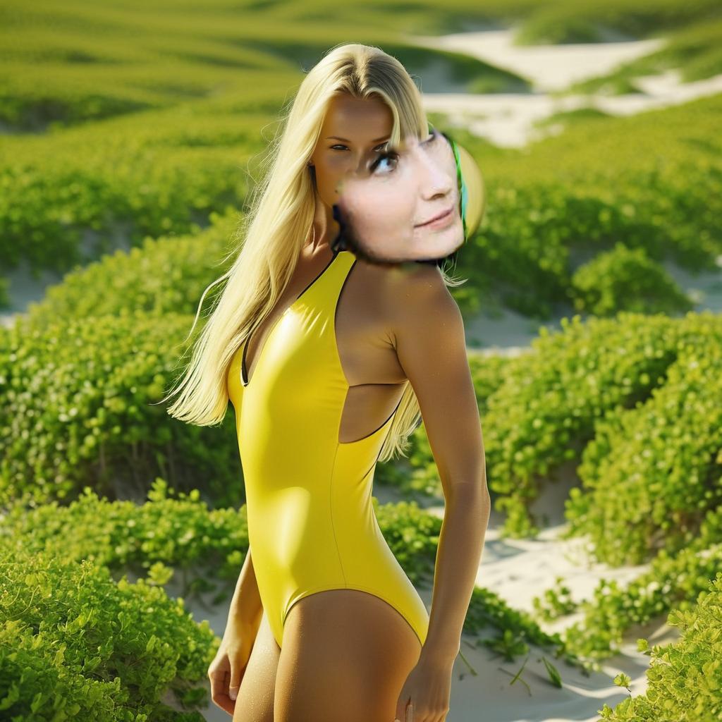  in the background is the (sea:1.4) and white sea sand, blondy long hair, dressed in (closed yellow swimming suit), maximum detail, maximum quality, specular lighting, shallow depth of field, smooth, cinematic film still