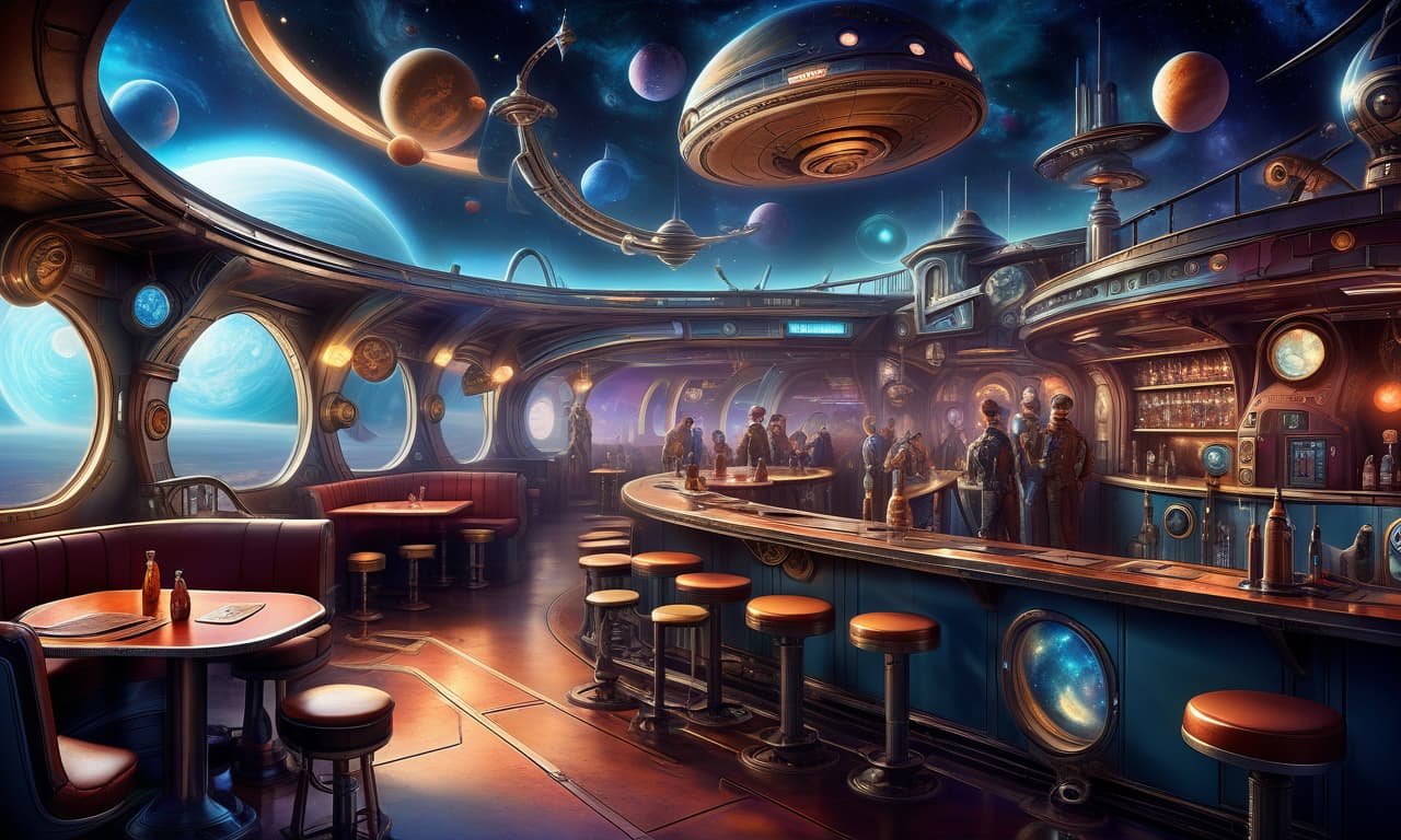  space themed retro futuristic tavern, image in the style of dieselpunk, steampunk, paropunk. . cosmic, celestial, stars, galaxies, nebulas, planets, science fiction, highly detailed