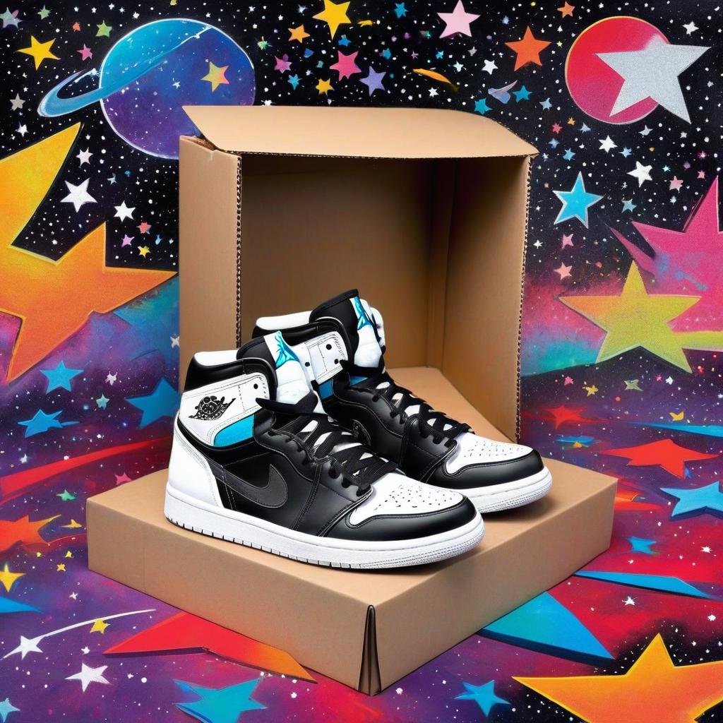  jordan sneaker on a shoebox. the word gagnon written on the shoebox in graffiti. jumpman jordan logo in background surrounded by stars and outer space! taylor swift. gagnon written everywhere, award winning, professional, highly detailed, masterpiece