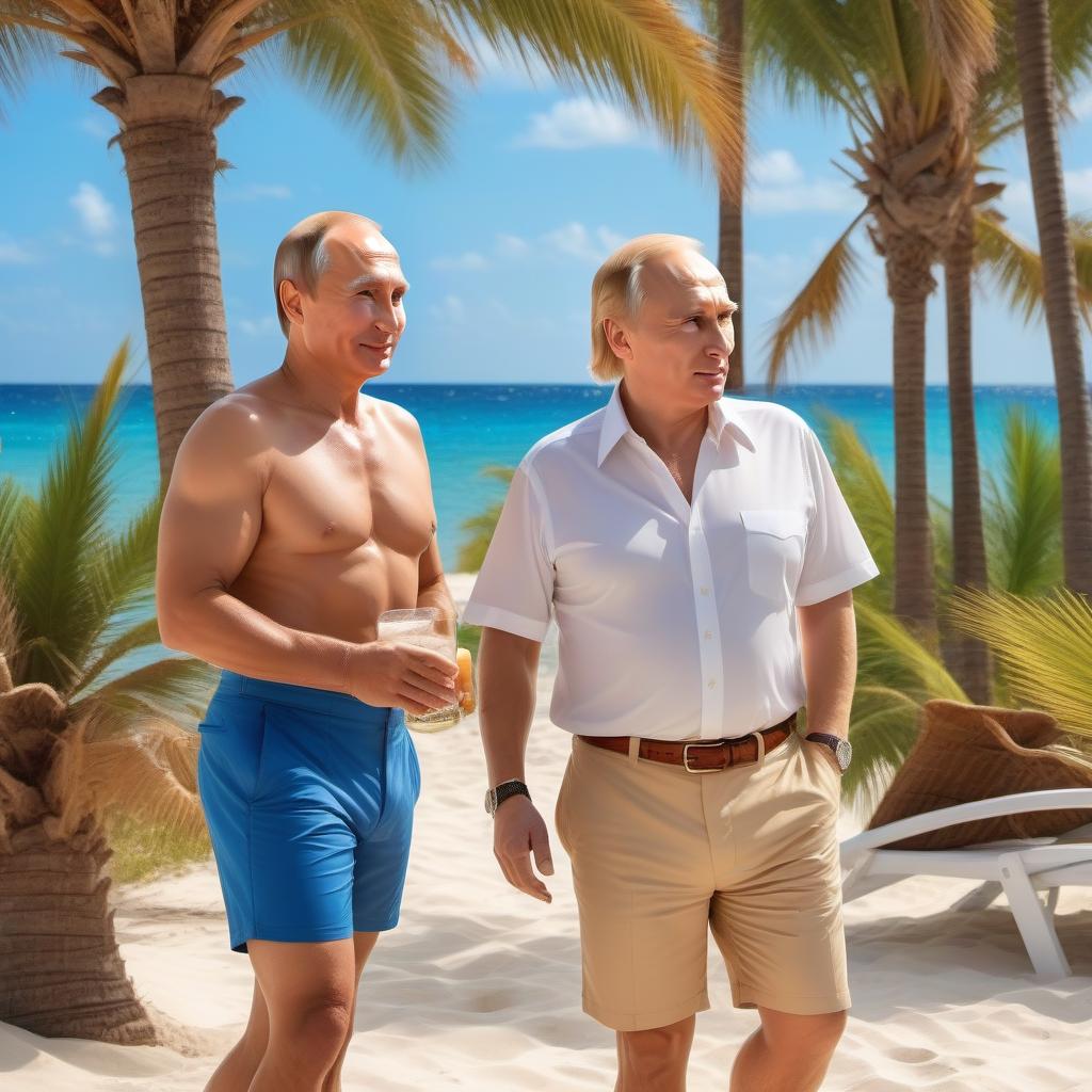  Putin and Trump on vacation by the sea, on sun beds , in shirts and shorts , a mug of beer in hand , sand , crabs , palm trees , very beautiful nature, high detail, quality 50000K