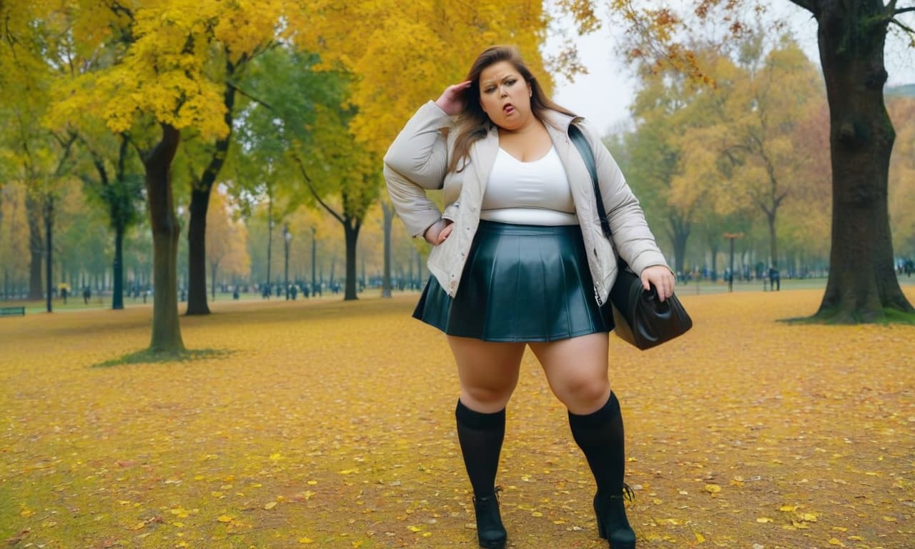  fat girl in a very short skirt is furious in the park on a cloudy autumn day