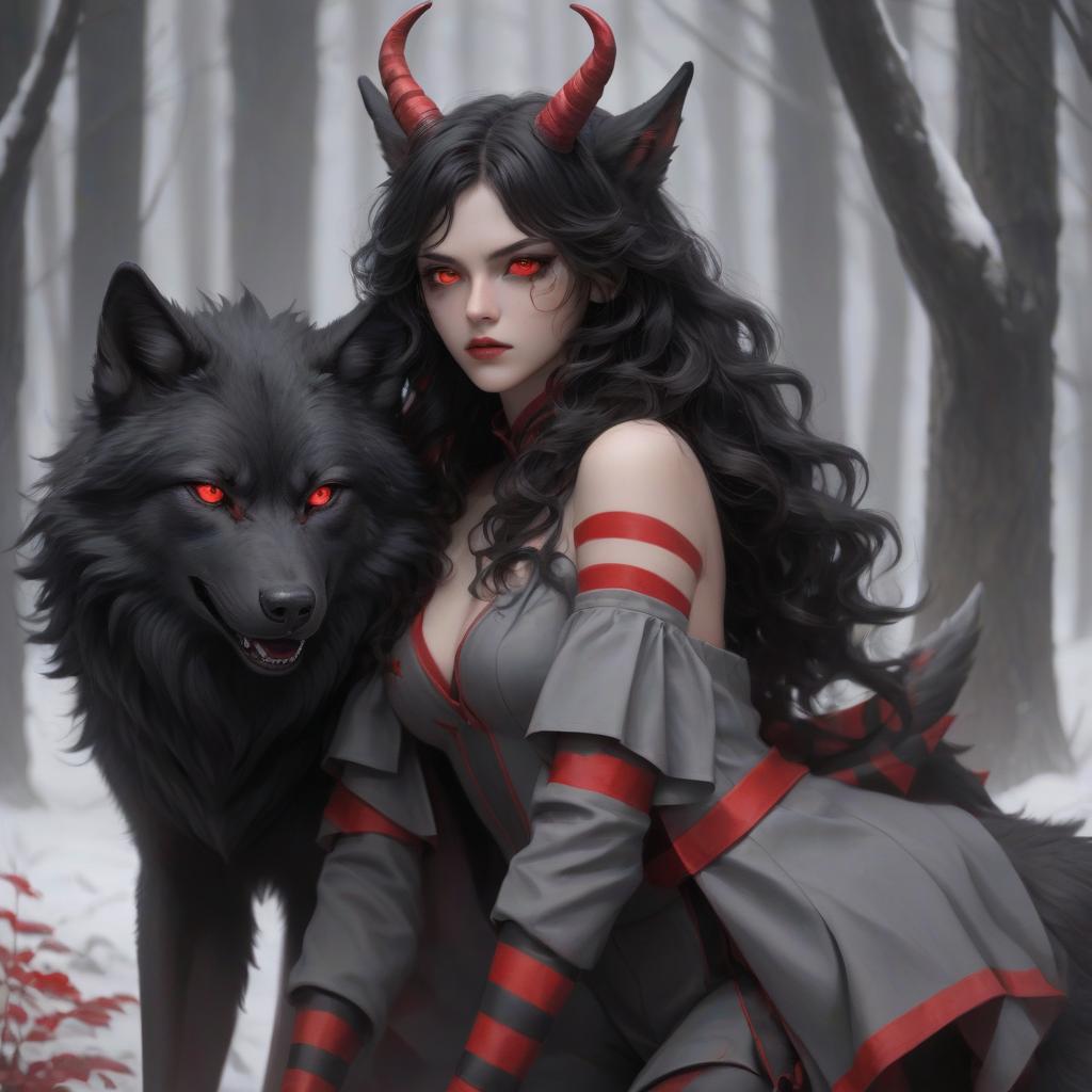  tifling asmodeas with red eyes and red stripes pass through the eyes, horns go back and up, black wavy hair, skin color gray, on the body of a mantle with black wolf skin