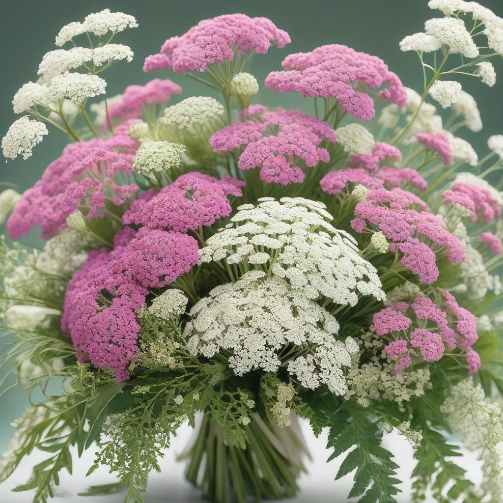  flower bouquet with pink yarrow, white queen anne’s lace, green arborvitae, and amaranth