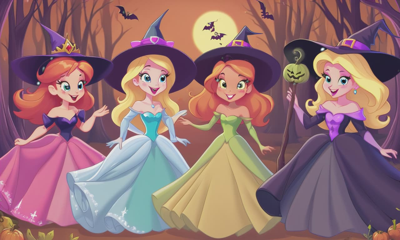  cartoon princesses playing with witches