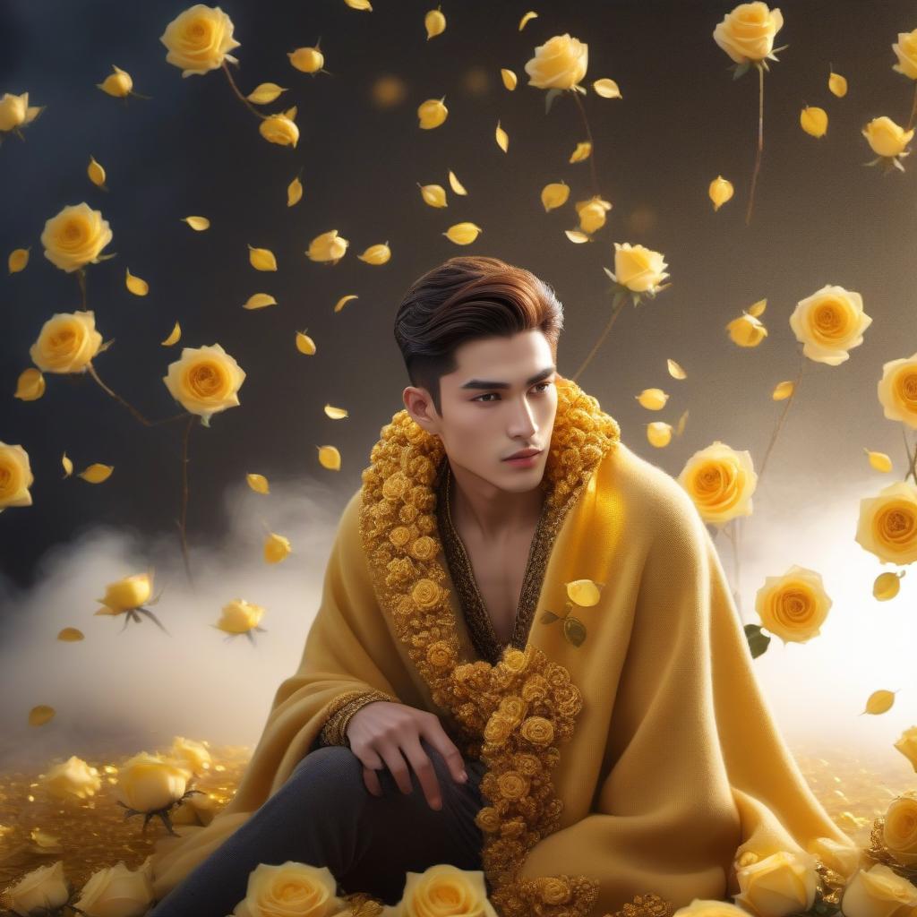  Knitted wool boy, yellow roses, gold brocade background, realistic color photo hyperrealistic, full body, detailed clothing, highly detailed, cinematic lighting, stunningly beautiful, intricate, sharp focus, f/1. 8, 85mm, (centered image composition), (professionally color graded), ((bright soft diffused light)), volumetric fog, trending on instagram, trending on tumblr, HDR 4K, 8K