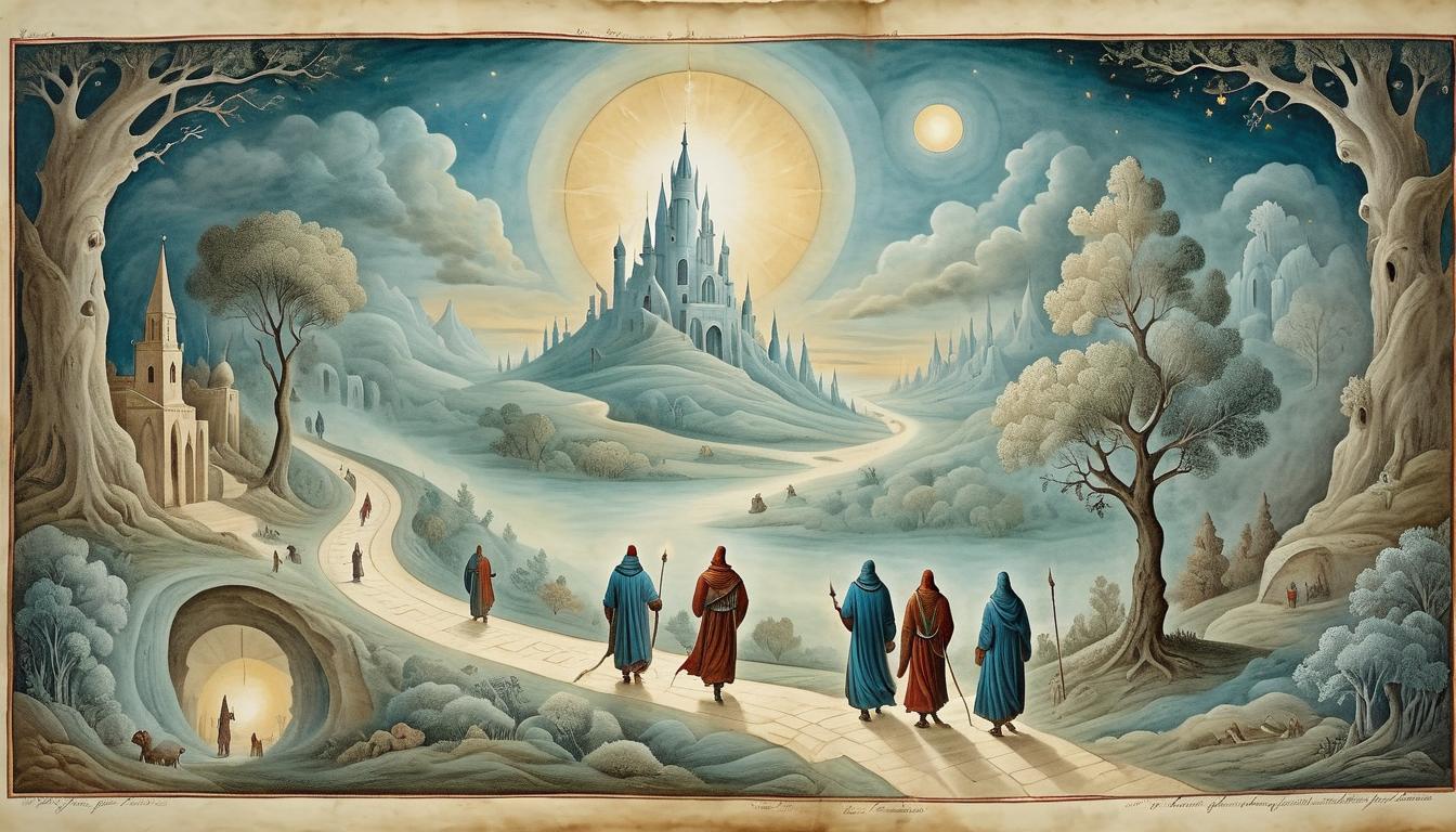  on parchment, surrealism+++, path illuminated with divine light, figures walking together in harmony, journey, spiritual insight, shared purpose(mysterious, provocative, symbolic,muted color)+++