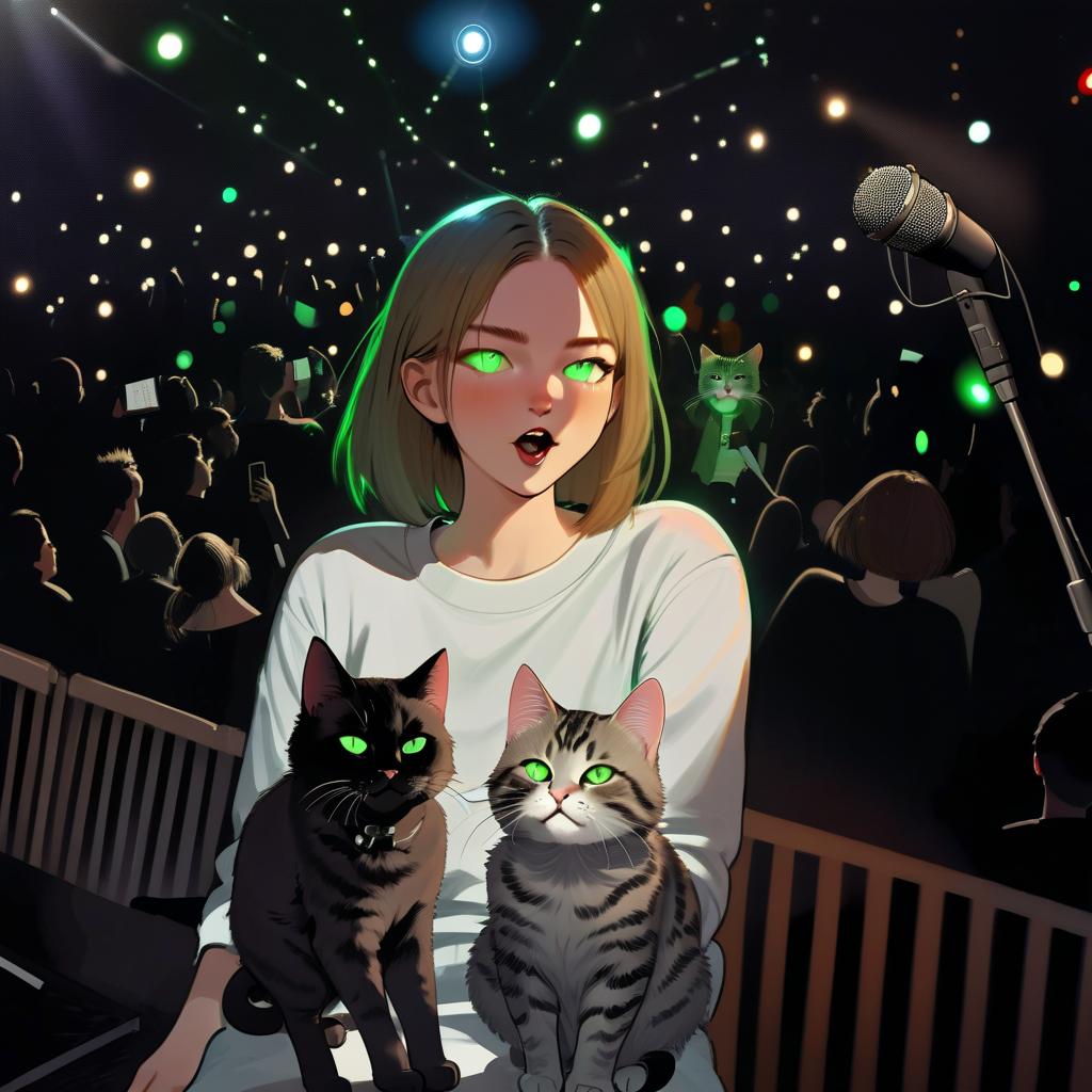  space, two fluffy tabby cats, girl with green eyes, stage, stage lights, music, microphone, crowd