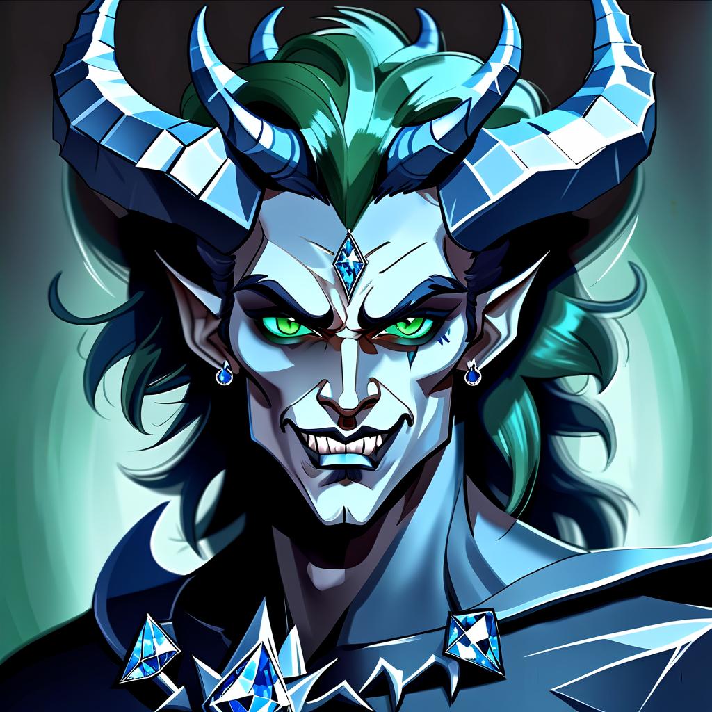  concept art diamond devil, portrait. dark green eyes, man. kind. hair gray. with fangs and horns. colors blue, blue, silver . digital artwork, illustrative, painterly, matte painting, highly detailed