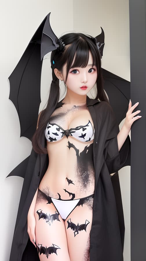  White and Blark bat pattern body paint in every corner of the body 女の子