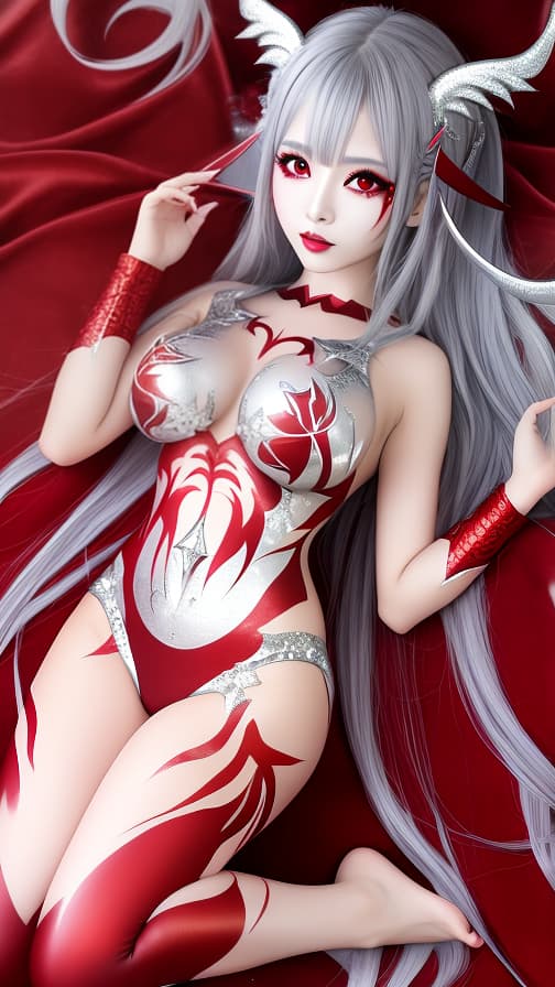  Full body red and silver flame pattern body paint,silver body paint on the whole body, silver face paint on the face,succubus 女の子