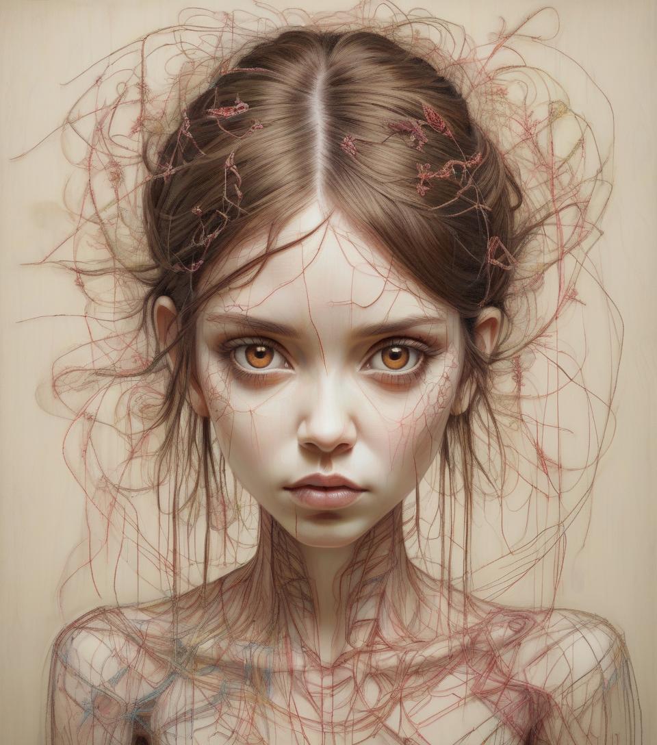  embroidered woman, brown eyes ,dynamic pose, photography by craig mcdean, mark ryden, carne griffiths style.