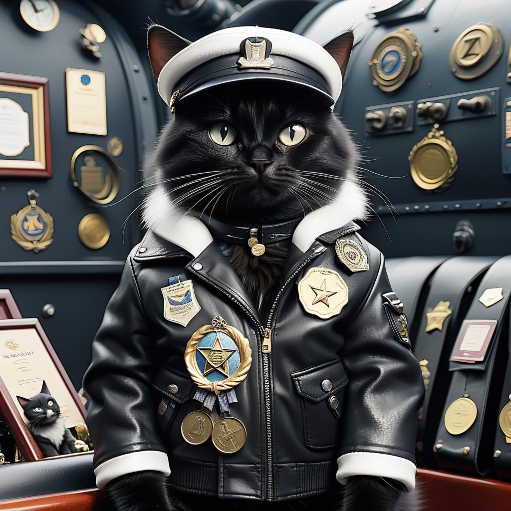  furry black cat in a leather jacket with awards, in a white cap, in a submarine