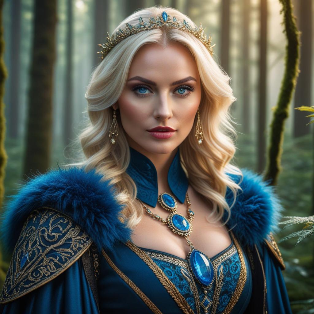  a close up portrait of an incredibly gorgeous blond european woman with her radiant, deep blue eyes piercing the camera lens. she's encircled by a fantastic, mythical forest backdrop, oozing fantasy vibes. the photograph to be taken with a canon eos 5ds r and 100mm f/2.8 macro lens. add 'astravision.ai' text at the bottom right corner. hyperrealistic, full body, detailed clothing, highly detailed, cinematic lighting, stunningly beautiful, intricate, sharp focus, f/1. 8, 85mm, (centered image composition), (professionally color graded), ((bright soft diffused light)), volumetric fog, trending on instagram, trending on tumblr, HDR 4K, 8K