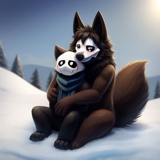  Puro And SCP-1471, Sitting on other, big fluffy tails, brown fur, scarf, hug, cute, Puro with brown fur, snow eviroment, florest background, fluffy body, open eyes, masterpiece, 4k, fine details,