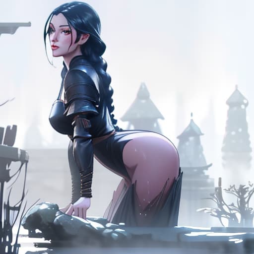  image of game character. woman in medieval clothes with black cloak. The woman has mid length hairs with two braids on the top of her had. She stands nude, her hair are wet. Sexual pose. Her hips are tight and beautiful. Semi realistic style, 4k, anime erotic, unreal engine 5 hyperrealistic, full body, detailed clothing, highly detailed, cinematic lighting, stunningly beautiful, intricate, sharp focus, f/1. 8, 85mm, (centered image composition), (professionally color graded), ((bright soft diffused light)), volumetric fog, trending on instagram, trending on tumblr, HDR 4K, 8K