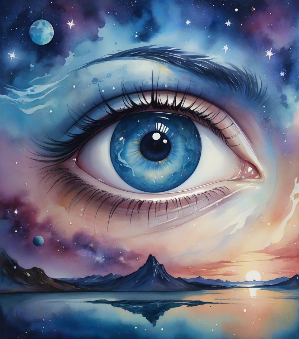  watercolor painting watercolor, eye, surrealism, bright stars in the sky. wavy cornea of the eye . vibrant, beautiful, painterly, detailed, textural, artistic