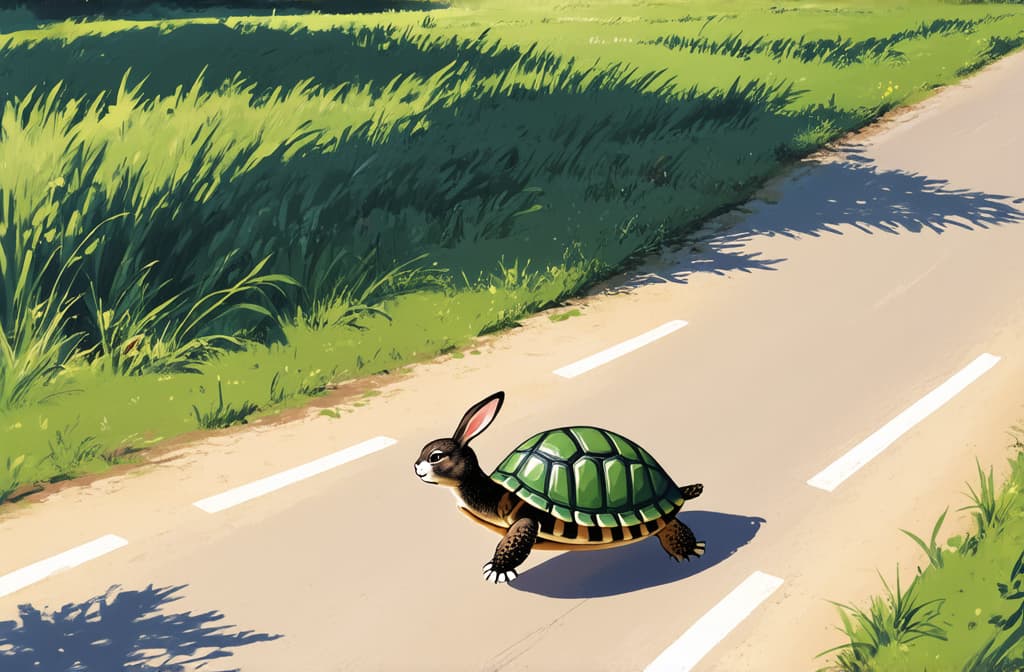  flat illustration, flaticon, (illustration:1.15), turtle running after rabbit on a road ar 3:2, [cory loftis, strobist, pascal campion :: 0.2]