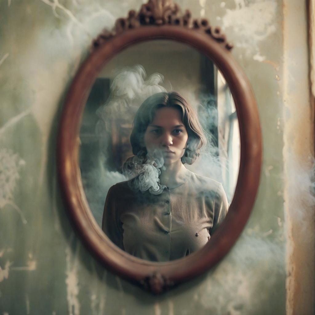  cinematic photo old mirror on the wall, it is a reflection of a person without a face of a neutral character of appearance, around it thick smoke, the place of origin of the province of russia with a cinematic effect in the style of tarrontino . 35mm photograph, film, bokeh, professional, 4k, highly detailed, hkmagic, logo, film photography style