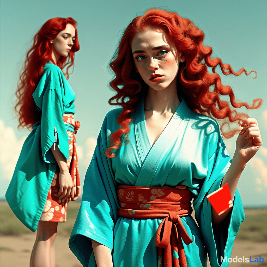  prompt: , full body, young european and young slavic woman, wearing a kimono, long turquoise hair, woman in a sundress, large s, short curly red hair, woman ing the 's lips, high detail, artistic style, vint colors, soft lighting, cinematic composition, digital painting negative prompt: un detailed, awkward poses, poorly drawn anatomy, low quality, ugly faces, out of frame, extra limbs, distorted features, low resolution