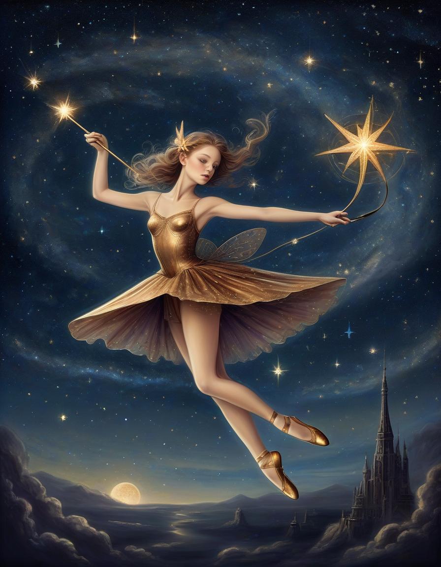  space themed drawing of a delicate fairy in graceful bronze ballet flats holding a wand against a starry sky, in the style of dark starry nights, an ancient city below, gilded age, colorful costumes, contrast, flickr, futuristic movement . cosmic, celestial, stars, galaxies, nebulas, planets, science fiction, highly detailed