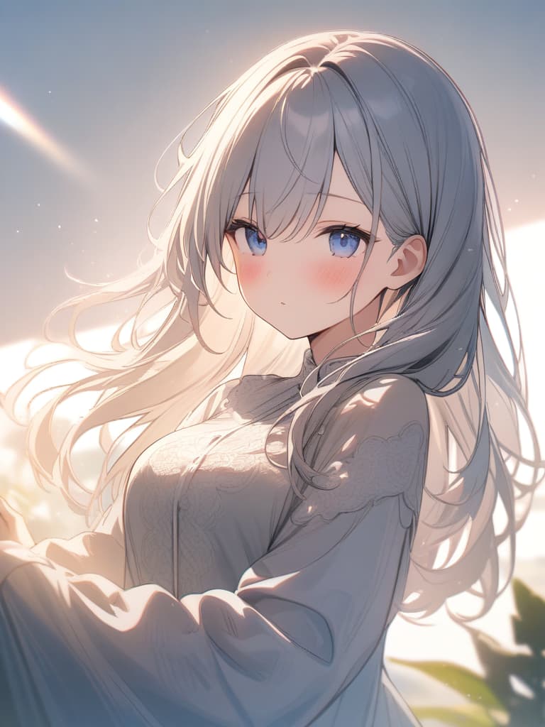  cute, girl, high image quality, blush, sunlight hitting, long hair, transparency, white hair, fluffy dress, blue eyes, masterpiece, best quality,8k,ultra detailed,high resolution,an extremely delicate and beautiful,hyper detail