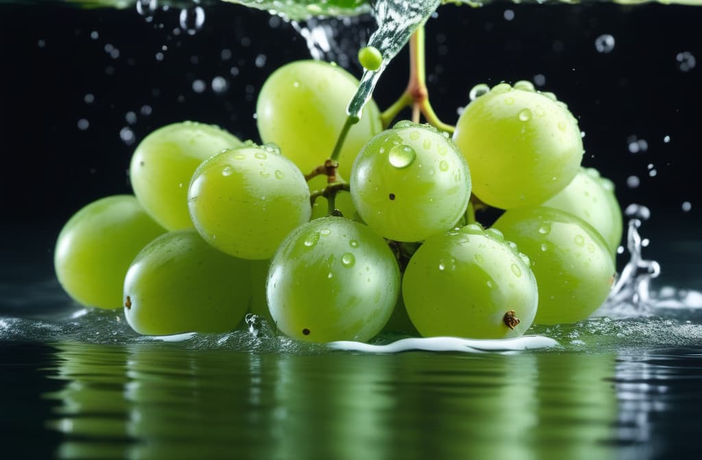  A large bunch of fresh green grapes lies on the water surface with splashes and splashes of water; there is a space around ar 3:2 high quality, detailed intricate insanely detailed, flattering light, RAW photo, photography, photorealistic, ultra detailed, depth of field, 8k resolution , detailed background, f1.4, sharpened focus