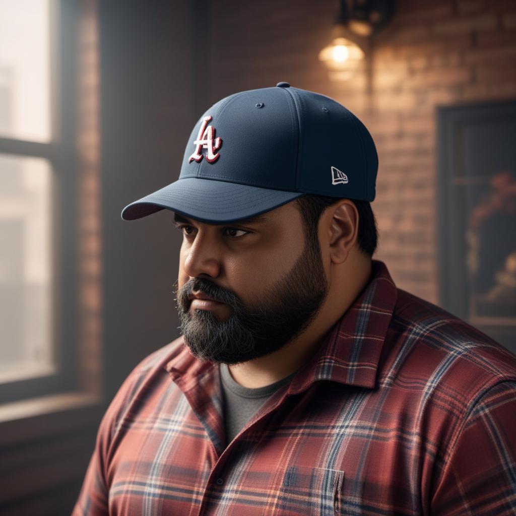  A fat Hispanic man, tall, with a beard, wearing a LA baseball cap hyperrealistic, full body, detailed clothing, highly detailed, cinematic lighting, stunningly beautiful, intricate, sharp focus, f/1. 8, 85mm, (centered image composition), (professionally color graded), ((bright soft diffused light)), volumetric fog, trending on instagram, trending on tumblr, HDR 4K, 8K